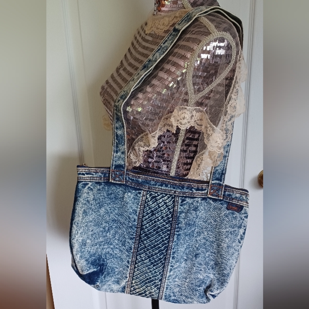VINTAGE 80s SHANE ACID-WASHED DENIM PURSE/SHOULDER BAG DOUBLE-HANDLE ZIPPERED
